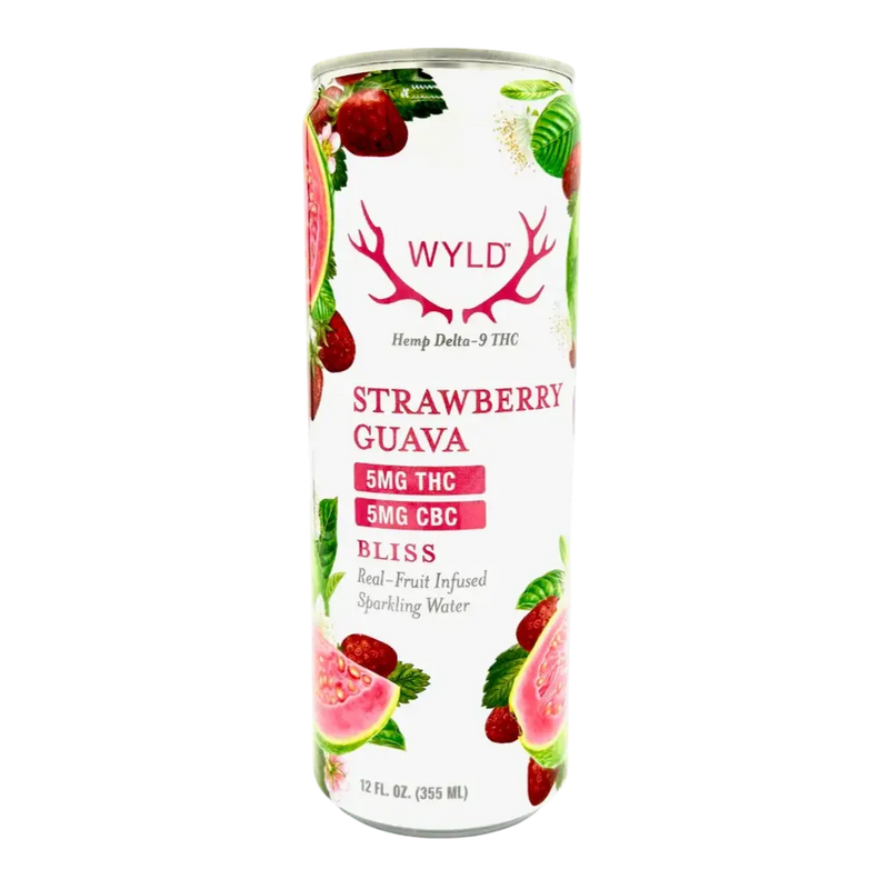 Wyld Strawberry Guava sparkling water can on a white background