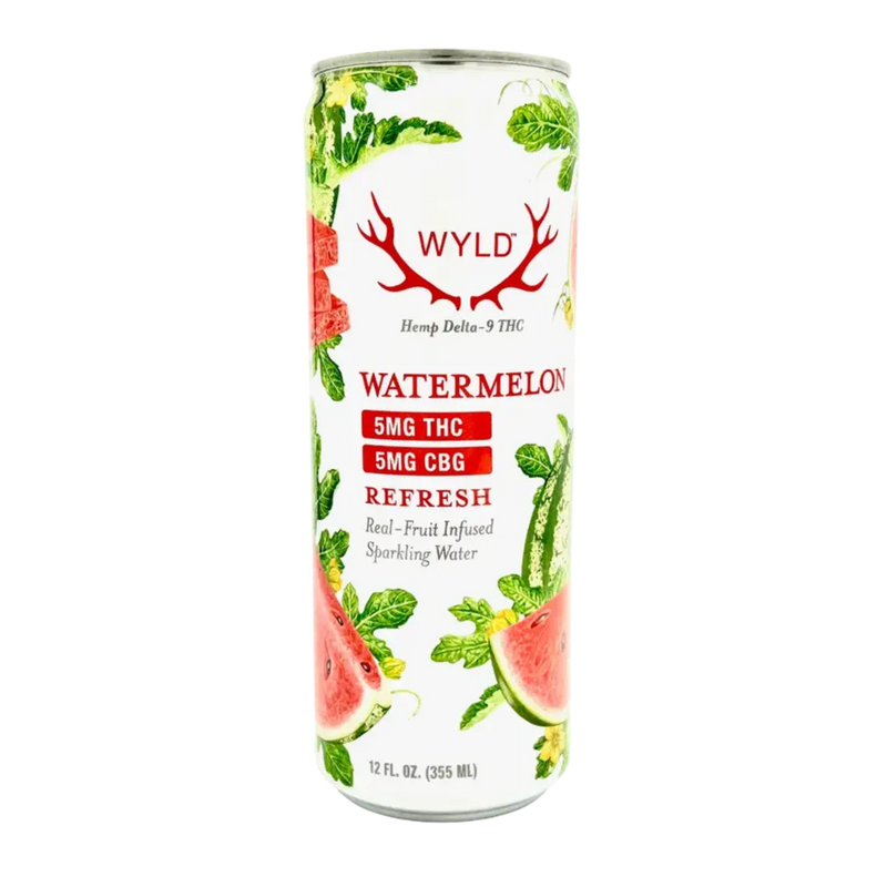 Wyld Watermelon Refresh can with watermelon slices and leaves on a white background