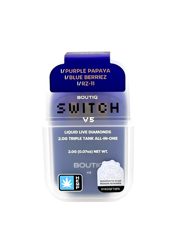 Boutiq Switch V5 THCa Liquid Diamonds 3-Chamber Tank All-In-One Purple Papaya x Blue Berries x RZ-11