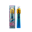 Vape pen with blue and gold design and colorful packaging on a white background