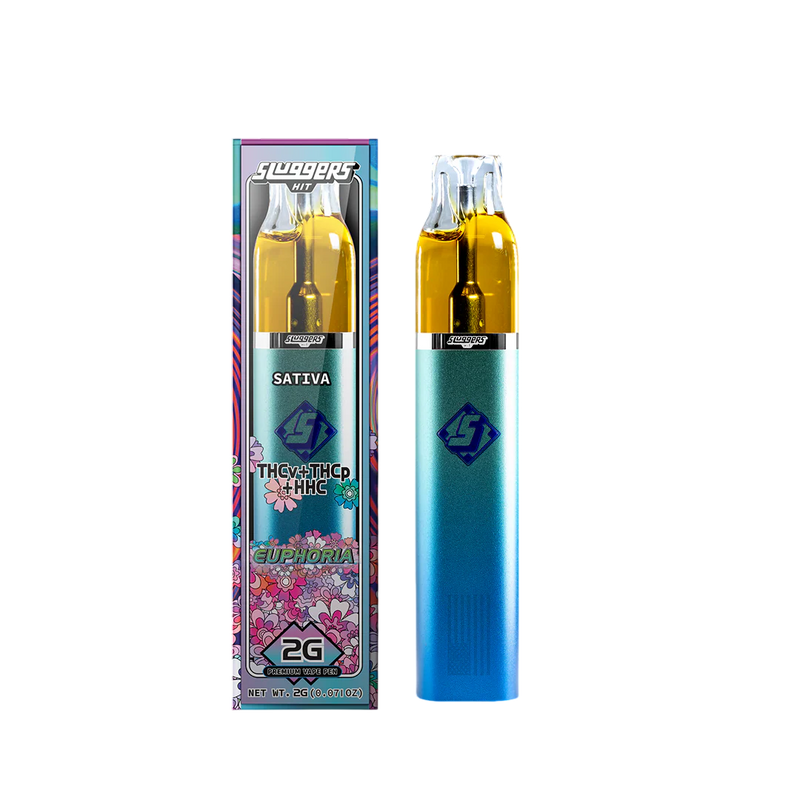 Vape pen with blue and gold design and colorful packaging on a white background